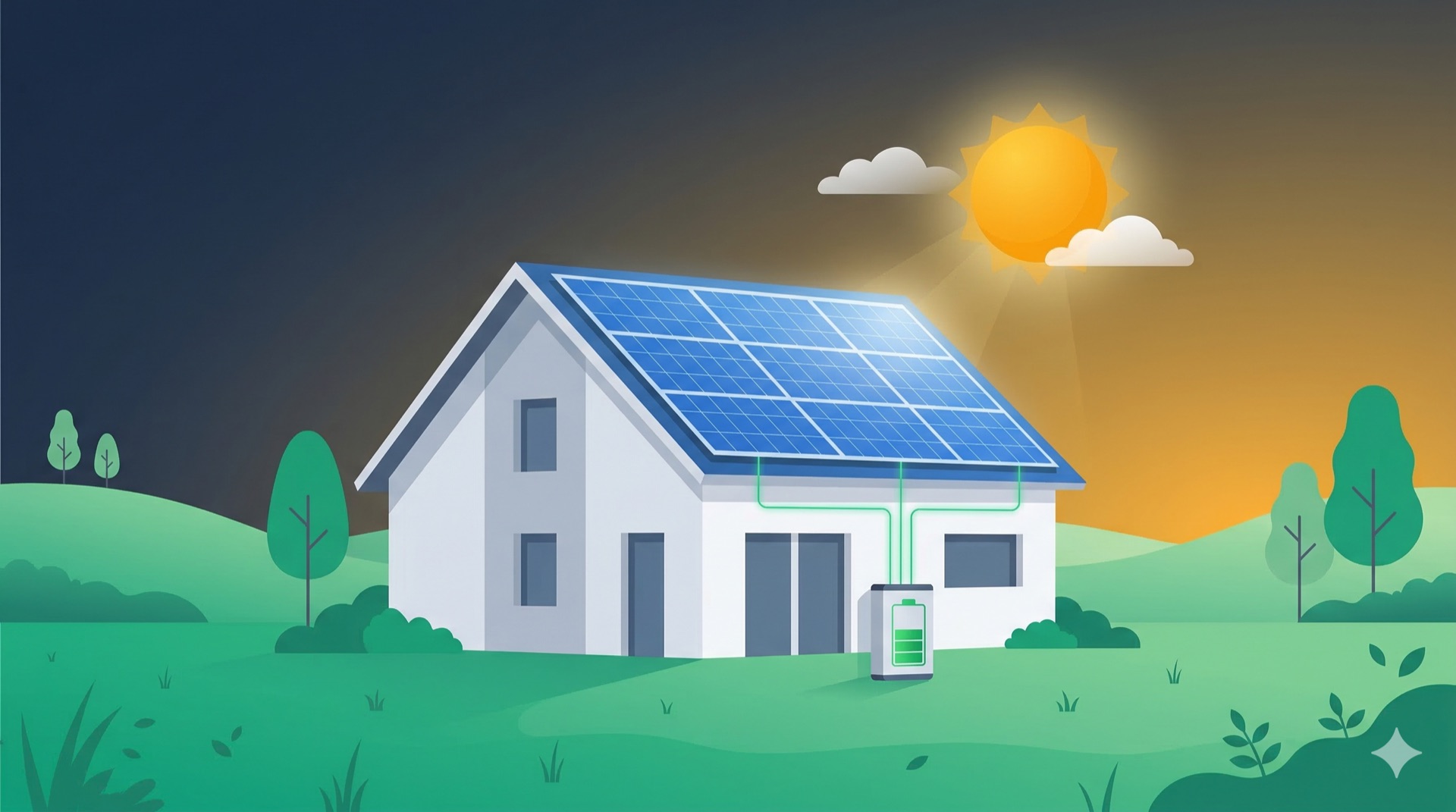 Haus mit Photovoltaik-Solaranlage und Batteriespeicher in grüner Landschaft – Illustration für den kostenlosen Photovoltaik-Rechner